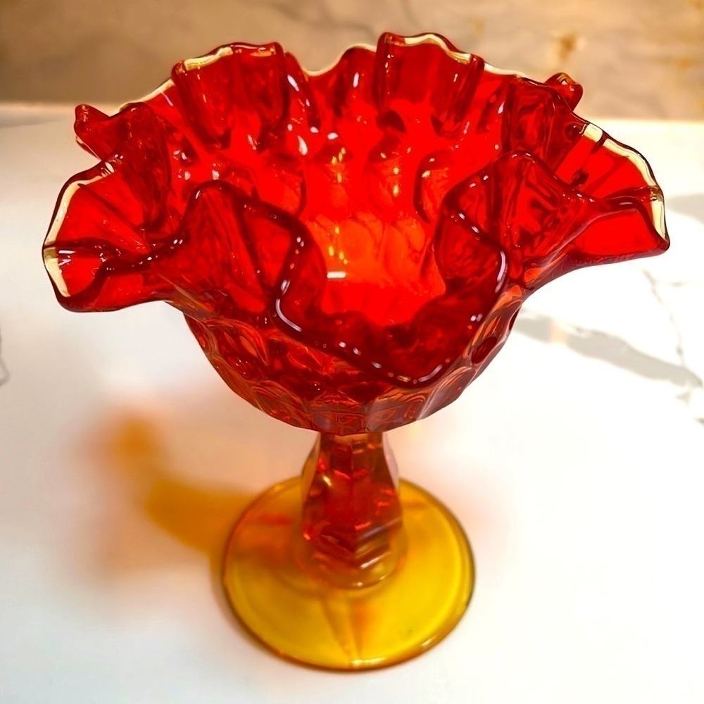 Vintage Fenton Glass Red Amberina Compote Pedestal Candy Dish